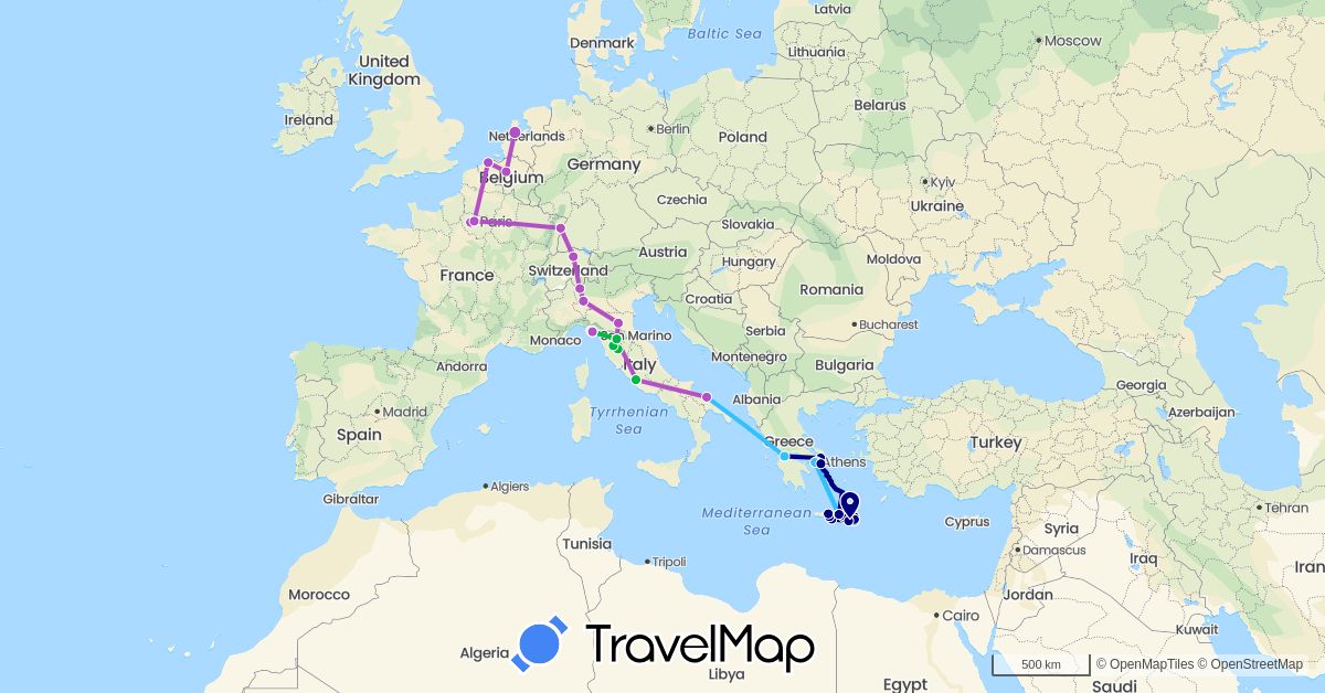 TravelMap itinerary: driving, bus, train, boat in Belgium, Switzerland, France, Greece, Italy, Netherlands, Vatican City (Europe)