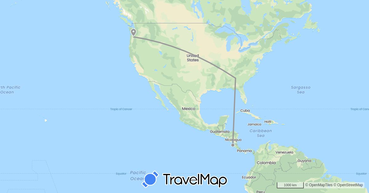 TravelMap itinerary: plane in Costa Rica, United States (North America)